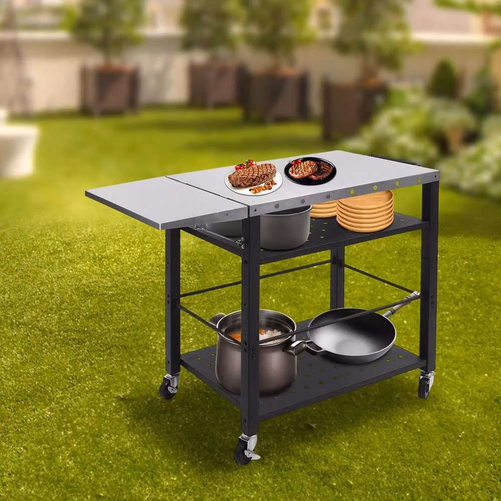 Ventryn Black Metal Grill Cart with Foldable Side Table and Stainless Steel Prep Surface W/D/H: 80.0 x 79.3 x 50.0 cm – 2