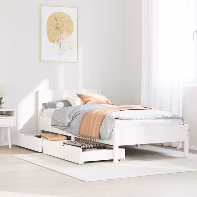Berkfield Home Single Solid Wood Pine Bed Frame with Drawers, White, W/D/H: 90 x 190 cm