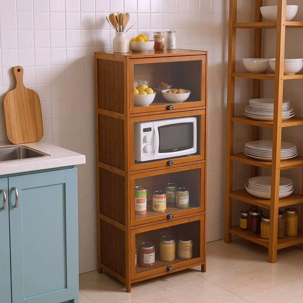 KORVIXA Tall Bamboo Kitchen Storage Cabinet in Brown with Glass Doors, W: 90.0 cm, H: 65.0 cm – 3