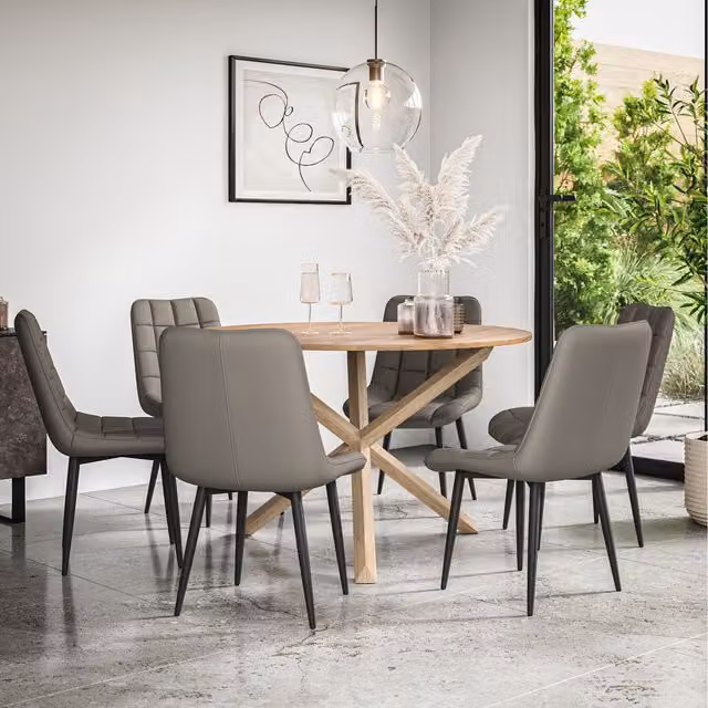 More4Homes Malvern Round Oak Effect Dining Table Set with 6 Grey Nova Dining Chairs, W/D/H: 120 x 120 x 75 cm