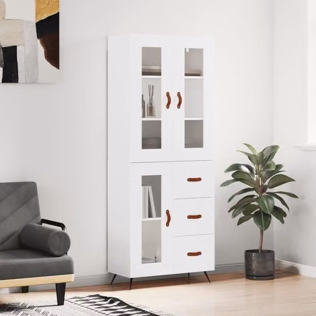 Berkfield Home White Highboard with Glass Doors and Internal Shelves, W/D/H: 69.5 x 34 x 180 cm – 1