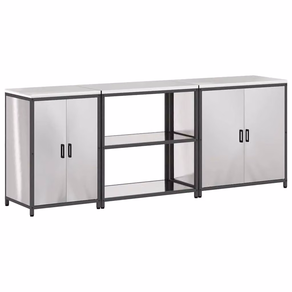Berkfield Home 3-Piece Industrial Freestanding Kitchen Storage Unit with Hinged Doors and Internal Shelves in Silver Stainless Steel – 2