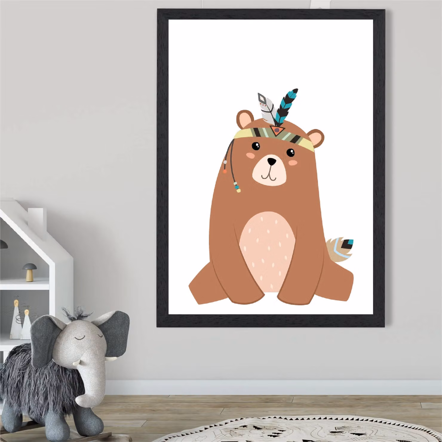 ARTZE Sitting Bear Tribal Animal Framed Print, Brown and Black, A2 – 2