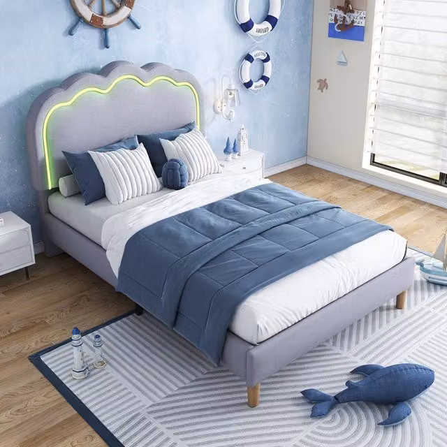 Matteo Grey Linen Upholstered Single Bed Frame with LED Under-Bed Lighting W/D/H: 90 x 190 cm – 1