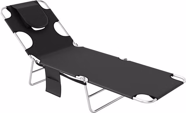 Outsunny Foldable Beach Chaise Lounge with Adjustable Backrest and Side Pocket, Black