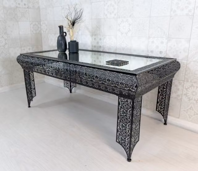 Downton Interiors Agadir Black Embossed Metal and Mirrored Glass Coffee Table