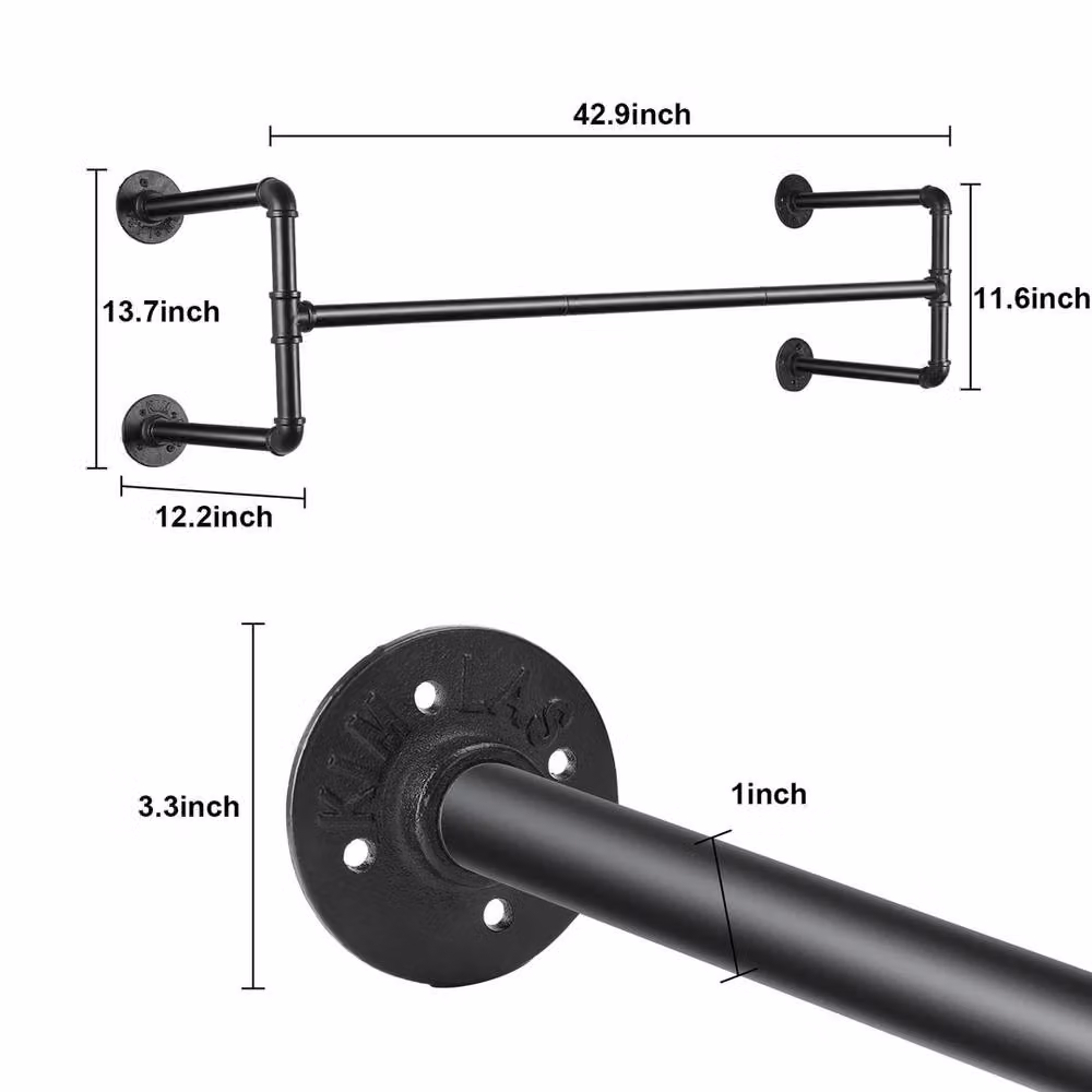 ERGOVEXA Industrial Metal Pipe Clothing Rack and Wall Hanger Display Shelf in Matt Black – 2