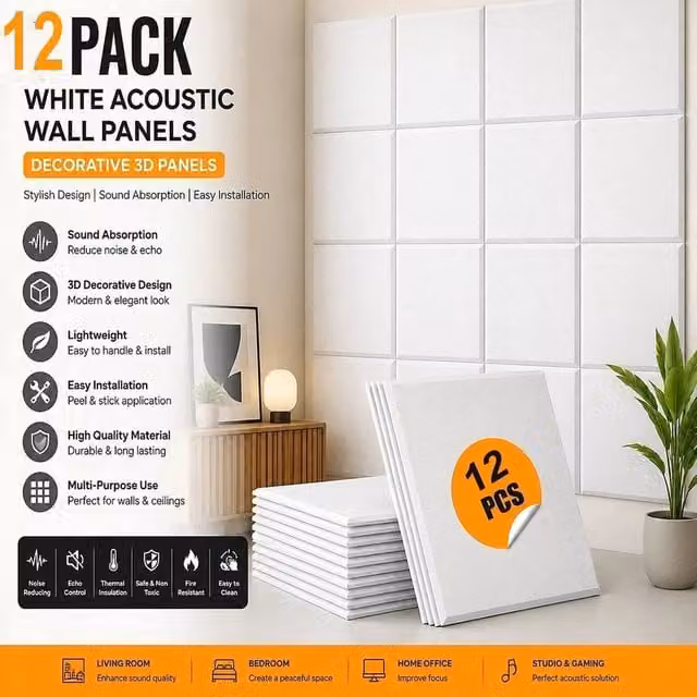ATEK 12 Pack Self-adhesive Square Acoustic Sound Proofing Felt Wall Panels in White