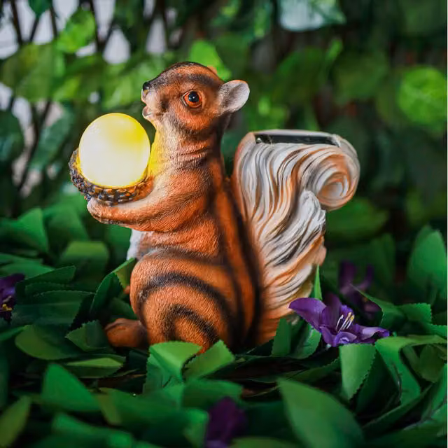 Garden Mile Solar Squirrel with LED Acorn Ornament in Brown Resin