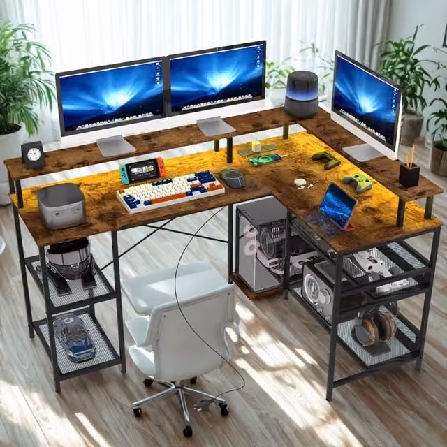 Furnold Industrial L Shaped Corner Computer Desk with USB Outlets and LED Lights in Brown