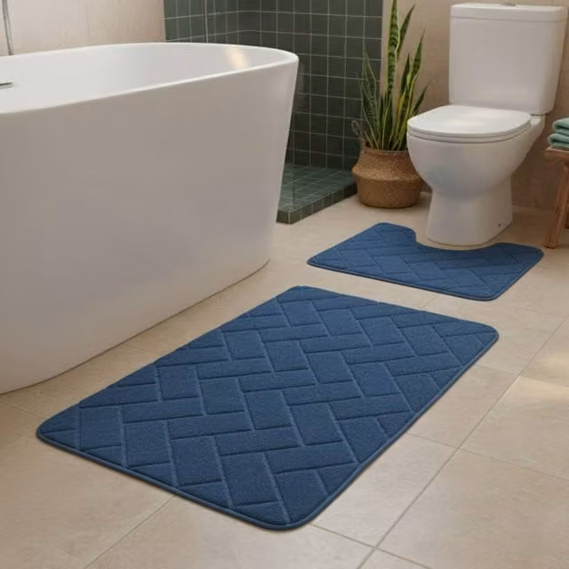 Snug City City Block Design Memory Foam Bath Mat Set in Blue, W: 80 cm x D: 50 cm