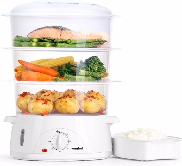 Vonshef 9L Electric Food Steamer with Timer and Auto Shut-off, White