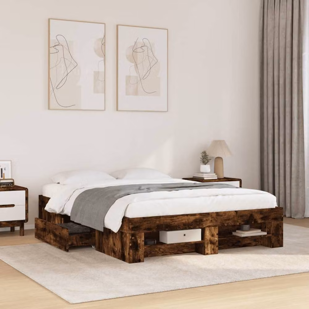 Berkfield Home Smoked Oak Bed Frame in Brown, Engineered Wood, W/D/H: 140 x 190 cm – 2