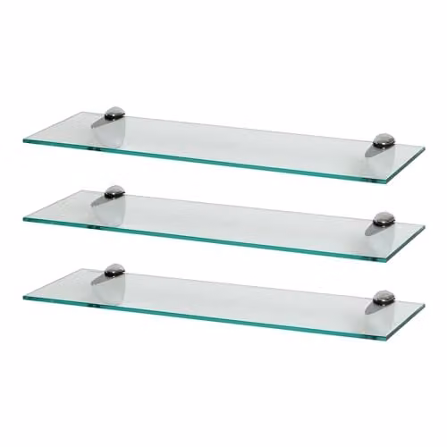 Harbour Housewares Pack of 3 Floating Glass Wall Shelves with Silver Metal Brackets, Width: 60 cm