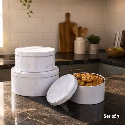 Orsina Set of 3 White Marble Effect Metal Storage Tins with Airtight Lids – 2