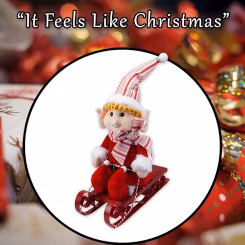 VFM e-Store Christmas Elf on Sledge Tabletop Decoration in Red and White, H 31 cm x W 16 cm – 7