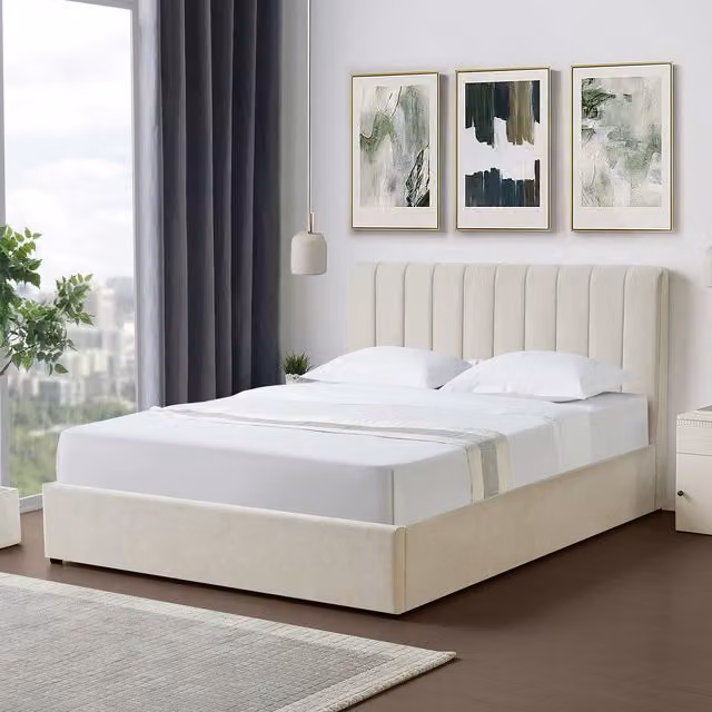 Artemis Home Evelynne Upholstered Fabric Kingsize Ottoman Bed Frame with Storage, Beige