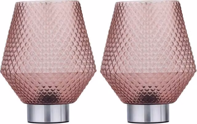 First Choice Lighting Set of 2 Porter Battery Operated Chrome Table Lamps with Pink Glass