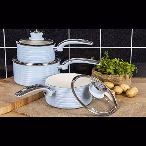 Swan Retro 3 Piece Induction Saucepan Set with Glass Lids, Blue, Ceramic Coating