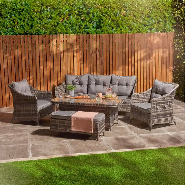 Home Treats 7 Seater Grey Rattan Garden Furniture Set with Metal and Glass Details