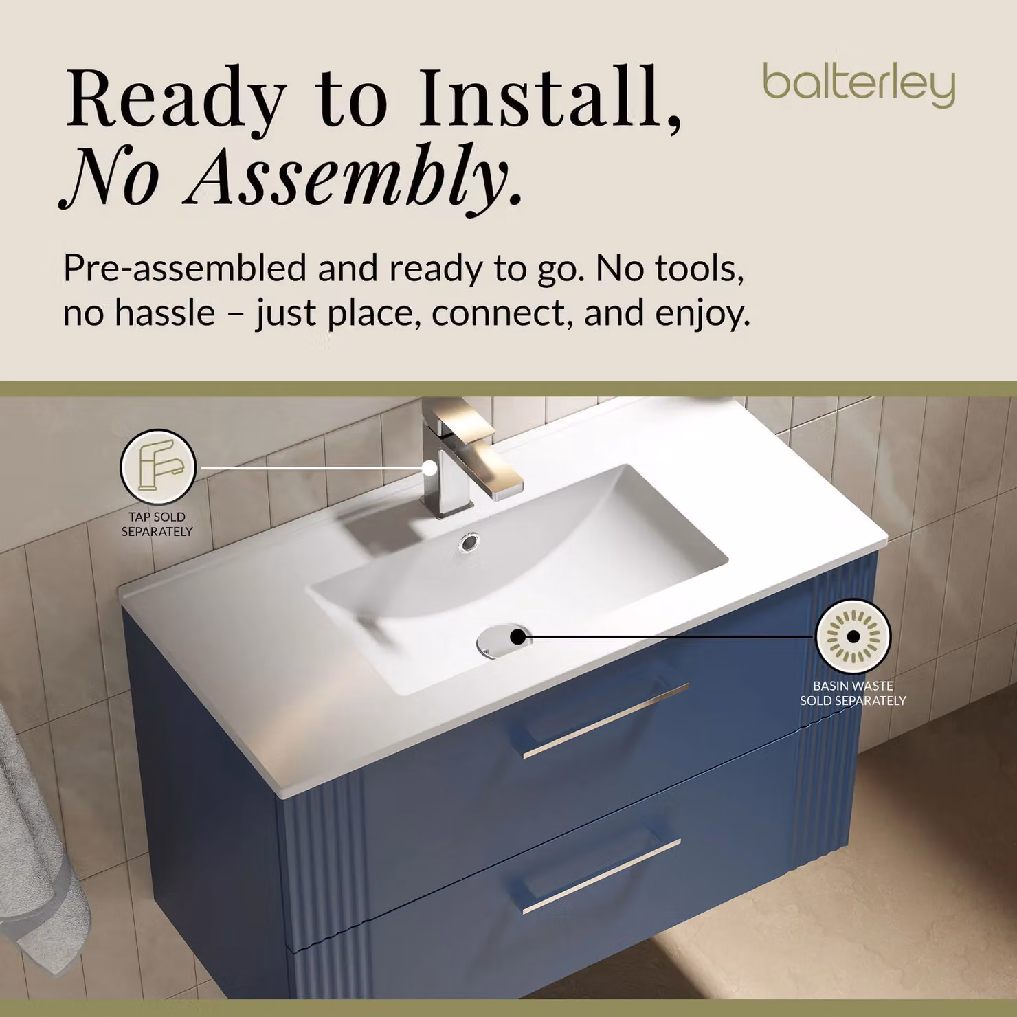 Balterley Wall Hung 2 Drawer Vanity Unit with Minimalist Basin, Satin Blue – 4