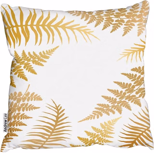 Andrew Lee Gold Fern Square Cushion in Yellow, Gold and White, W/D/H: 60 x 60 x 1 cm