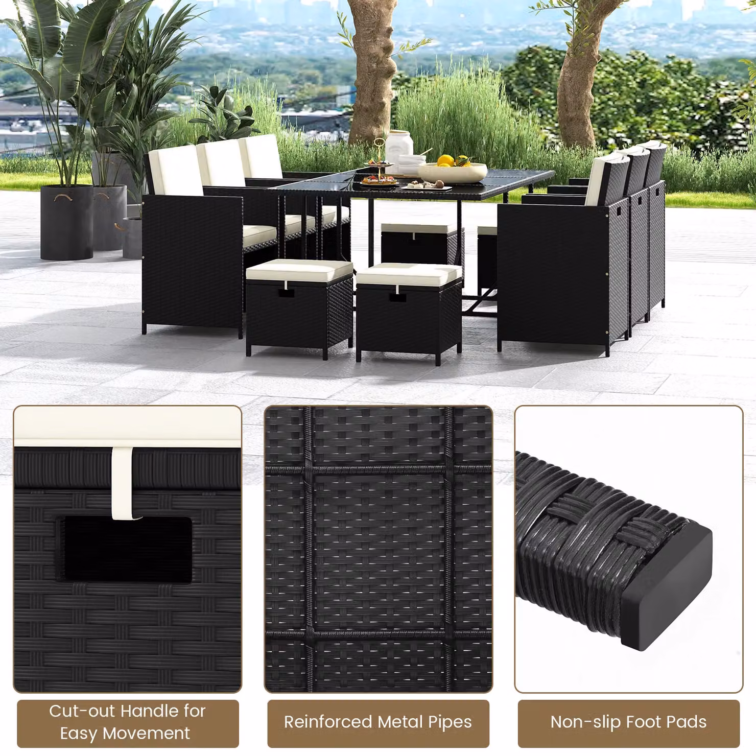 Gymax 11 Piece White Polyrattan Wicker Dining Set with Tempered Glass Table, Chairs and Ottomans – 6