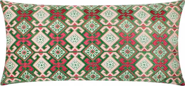 Laurel Embroidered Velvet Cushion in Cerise Pink and Green