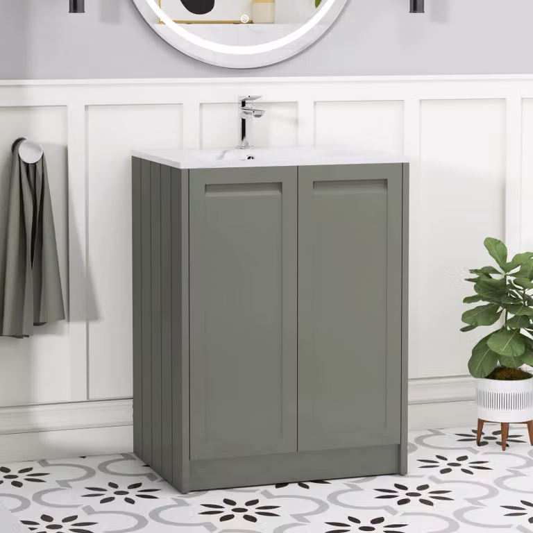 Royal Bathrooms Elmore Traditional 2 Door Floor Standing Vanity Unit with Carrara White Basin, Matt Green