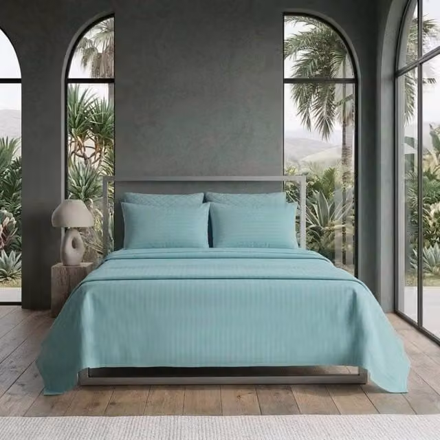 Snug City Luxury Satin Stripe T250 Cotton Rich Soft Flat Sheet Bed Linen in Turquoise, Size: Super King (200 x 200 cm)