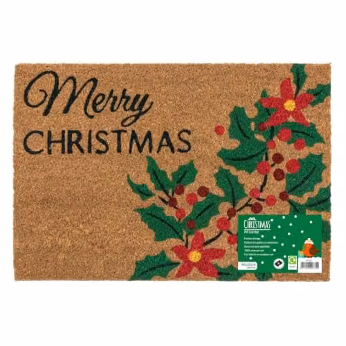 JVL Christmas Holly Coir and PVC Doormat, Green, W: 40 cm, D: 58 cm
