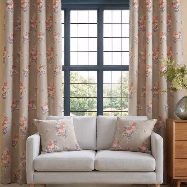 Terrys Penelope Ready Made Eyelet Curtains, Floral Pink and Beige, W: 167.64 cm, H: 182.88 cm