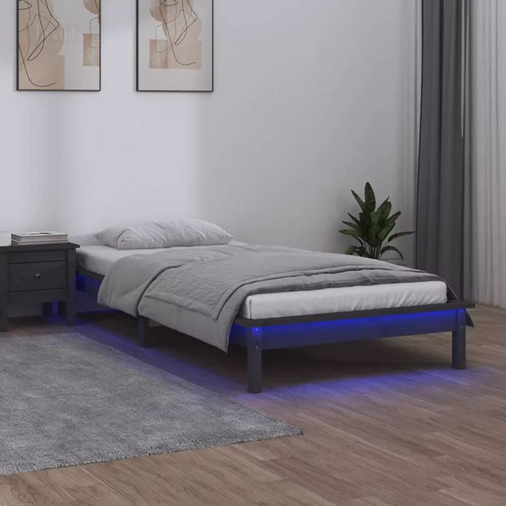 Berkfield Home Grey Solid Wood LED Bed Frame with USB Charging Port, W/D/H: 90 x 200 cm – 2