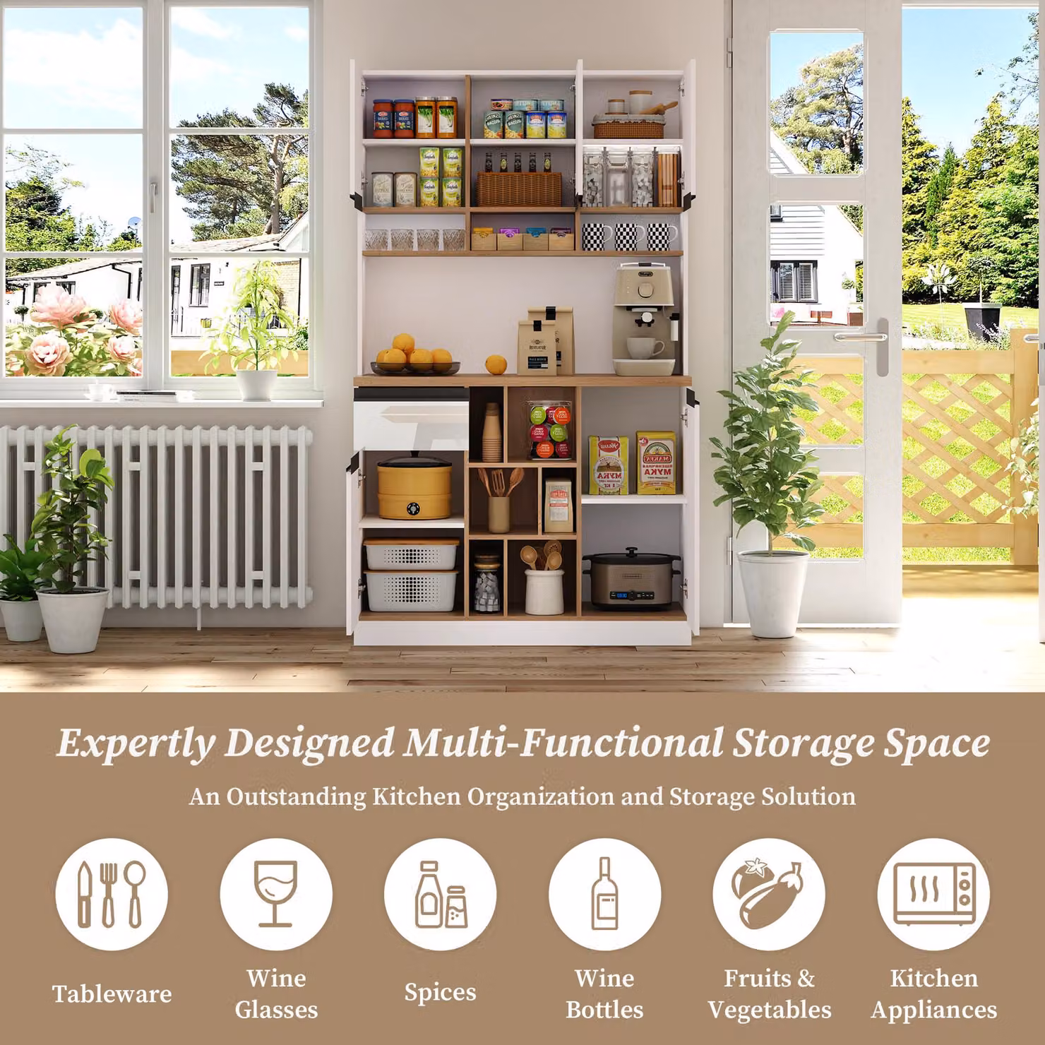 Aosom UK White Modern Glossy Kitchen Cabinet with Open Storage and Hinged Doors, W: 45 cm, D: 45 cm, H: 185 cm – 3