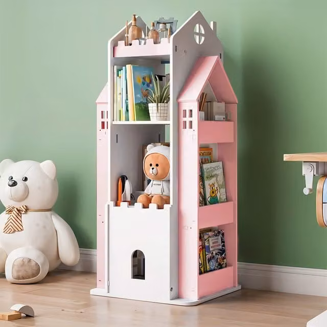 Livingandhome 4-Tier Castle-Style Swivel Rotating Bookcase for Children in White and Pink