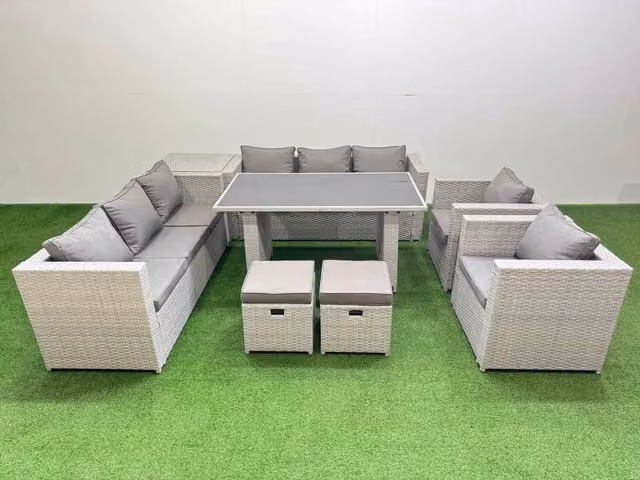 Fimous 10 Seater Outdoor Dining Set with 3 Seater Sofa and Side Table in Light Grey