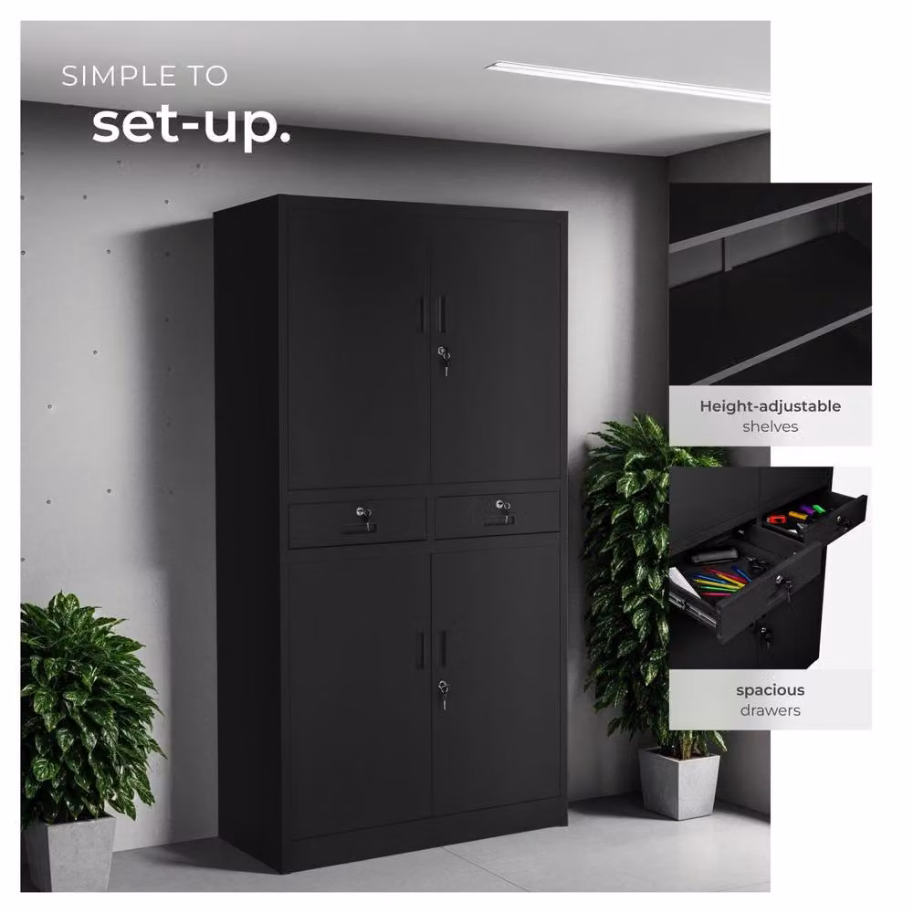 tectake Cosmo Filing Cabinet in Black and Grey with Hinged Doors, Drawers, Adjustable Internal Shelves and Lock – 4