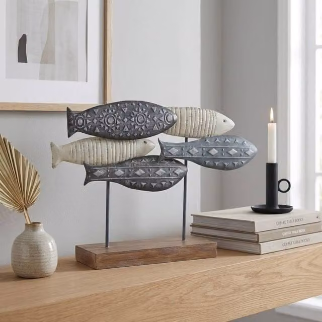 Garden Greatness Maritime Seaside Fish Metal Tabletop Decoration in Grey, White and Brown