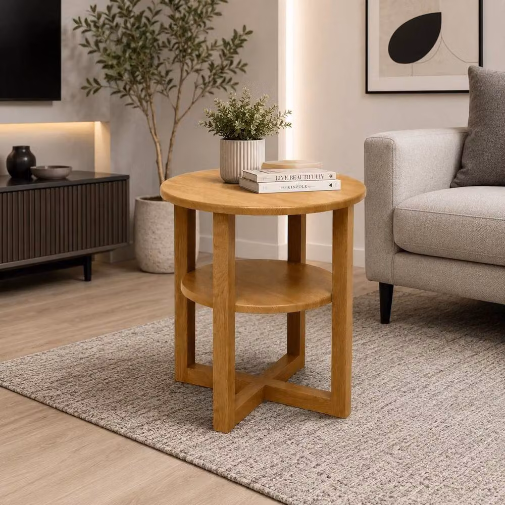 FORGEVIO Modern Round Small Side Table in Oak Wood and Brown MDF – 3