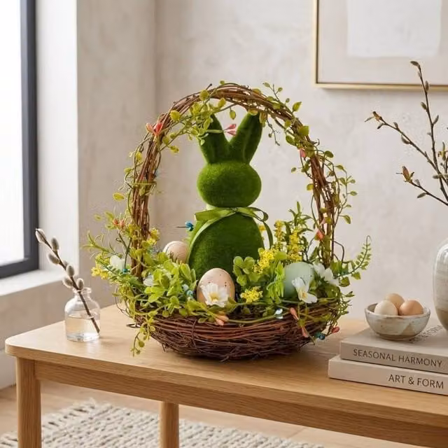 Garden Greatness Green and Pink Bunny Easter Basket with Floral Rattan Design