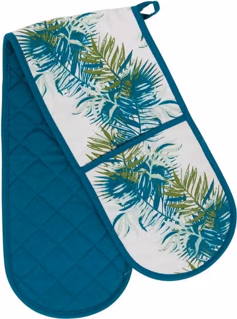 Orsina Winter Palm Double Oven Glove with Palm Leaf Design and Quilted Heat-Resistant Padding in Blue and Multicolour