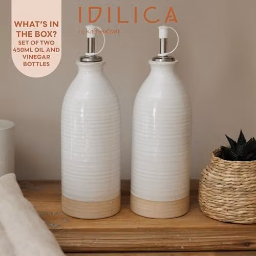 KitchenCraft Idilica Stoneware Oil and Vinegar Bottles, Set of 2, Beige and White – 2