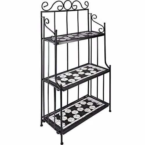 tectake 3-Tier Mosaic Stone and Metal Plant Stand, Multicolour Black and White – 1