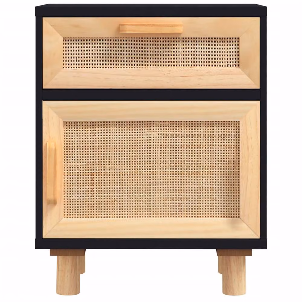 Berkfield Home Bedside Cabinet in Black Solid Pine and Natural Rattan – 4