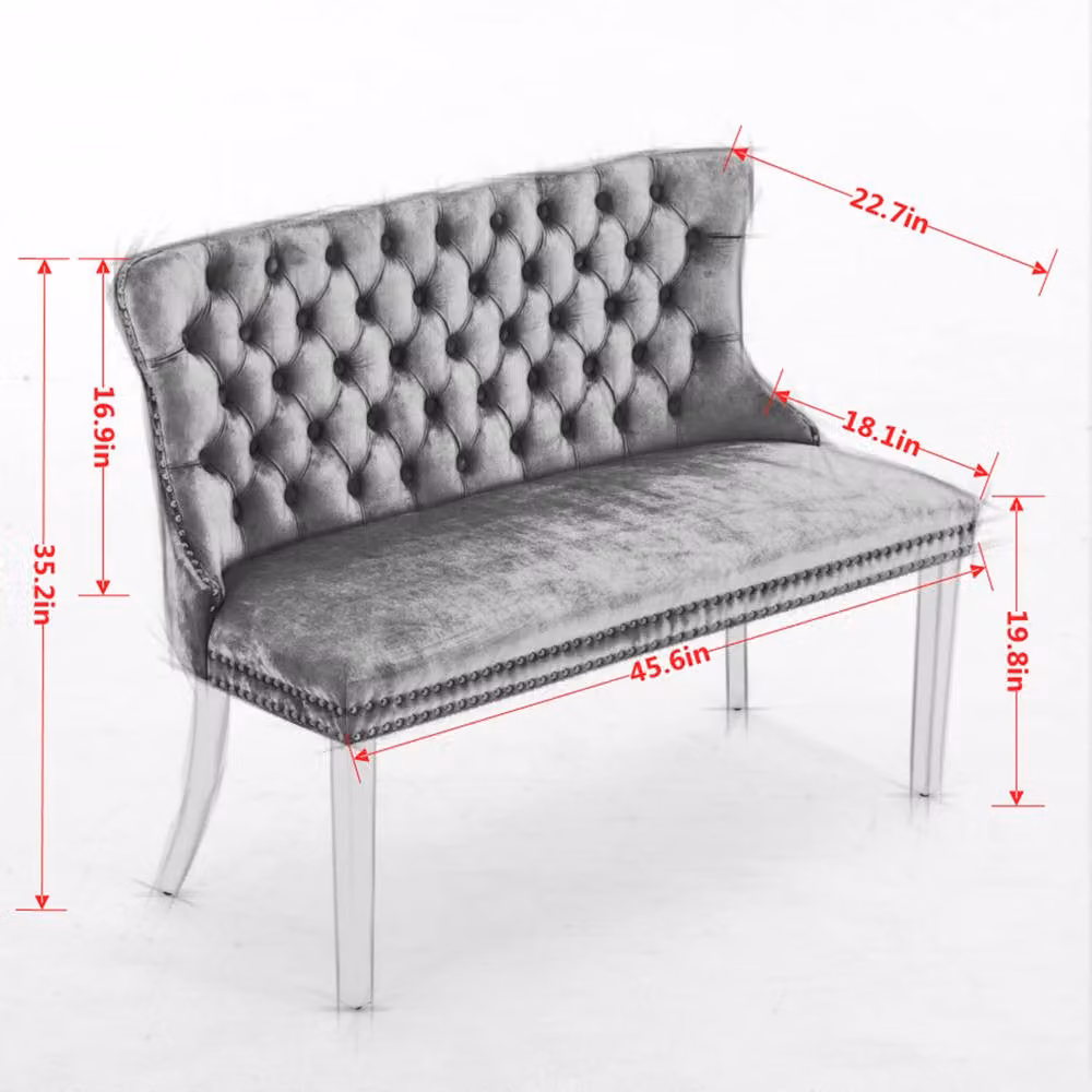 HomeTouch Modern Velvet Double Dining Loveseat Bench with Chrome Steel Legs in Grey – 3