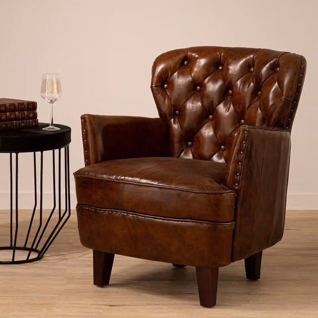 Orsina Mocha Brown Chesterfield Lounge Armchair with Synthetic Leather Upholstery and Walnut Feet – 2