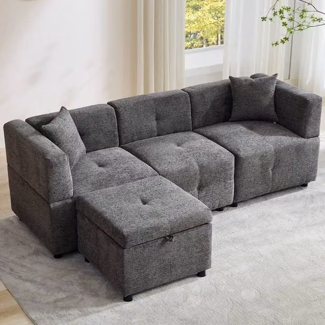 Merax 4-Seater Reversible L-Shaped Modular Sectional Sofa in Grey with Matching Storage Ottoman and Scatter Cushions