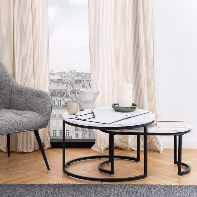 Furniture To Go Spiro Coffee Table Set with White Marble Melamine Top and Black Metal Legs