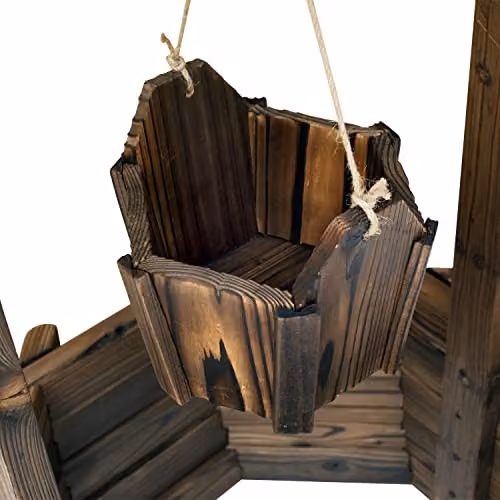 Outsunny Brown Wooden Wishing Well Planter with Hanging Bucket – 4