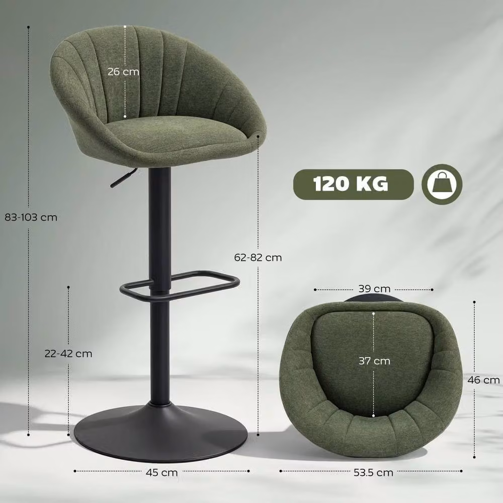 Wyld Haus Spetti Set of 2 Dark Green Fabric Tub Bar Stools with Adjustable Gas Lift and 360 Degree Swivel – 4